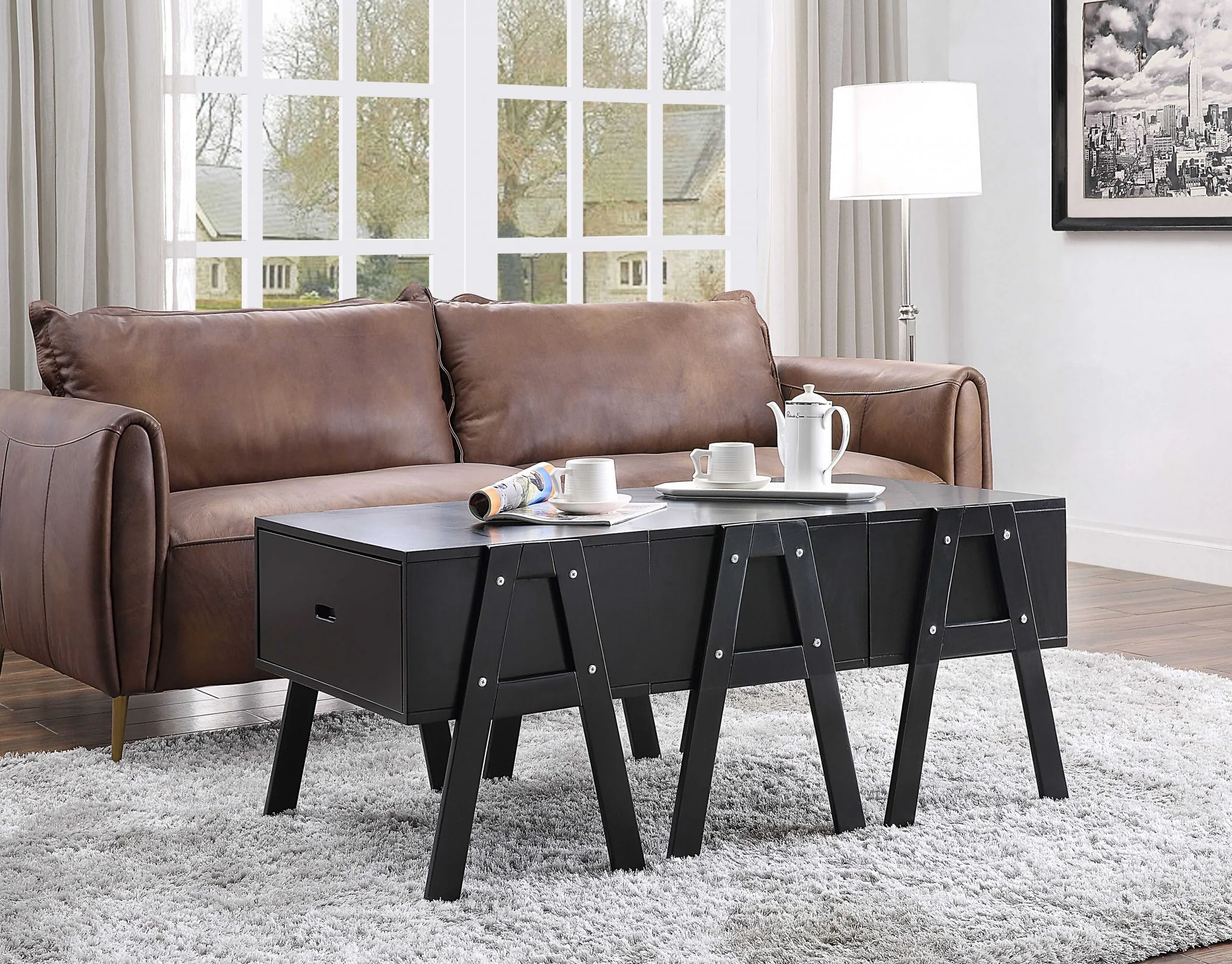 Sleek Black Rectangular Convertible Coffee Table By Homeroots - Image 3