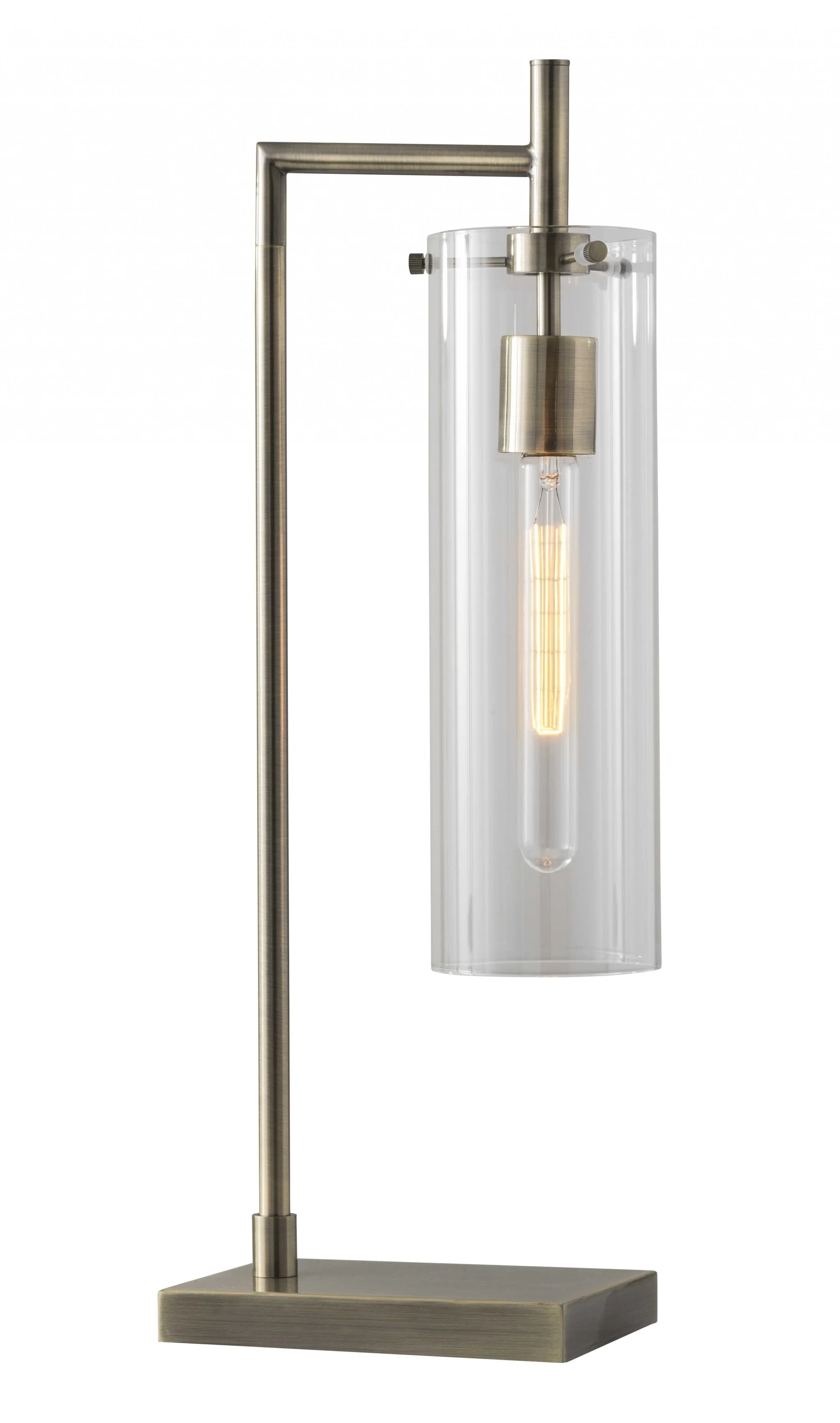 Sleek Clear Glass Cylinder Shade with Vintage Filament Bulb Antique Brass Metal Table Lamp By Homeroots - Image 2