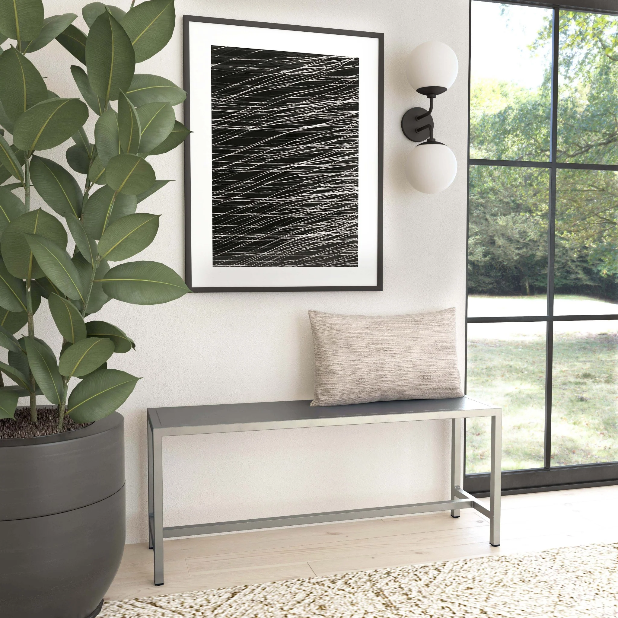 Sleek Modern Brushed Nickel Bench By Homeroots - Image 5