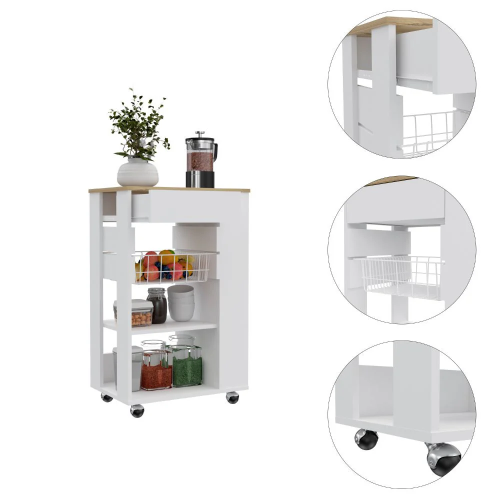 Sleek White and Light Oak Portable Kitchen Cart By Homeroots - Image 3