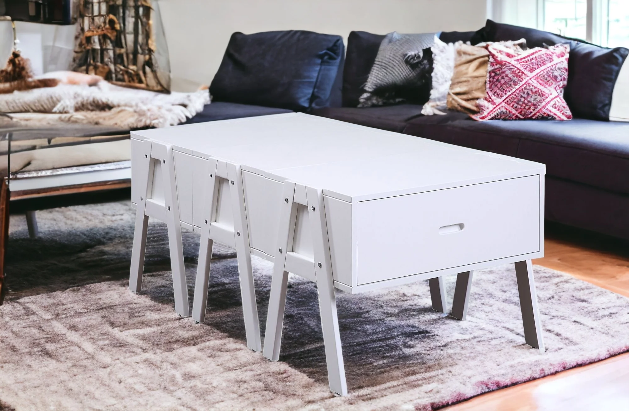 Sleek White Rectangular Convertible Coffee Table By Homeroots - Image 2