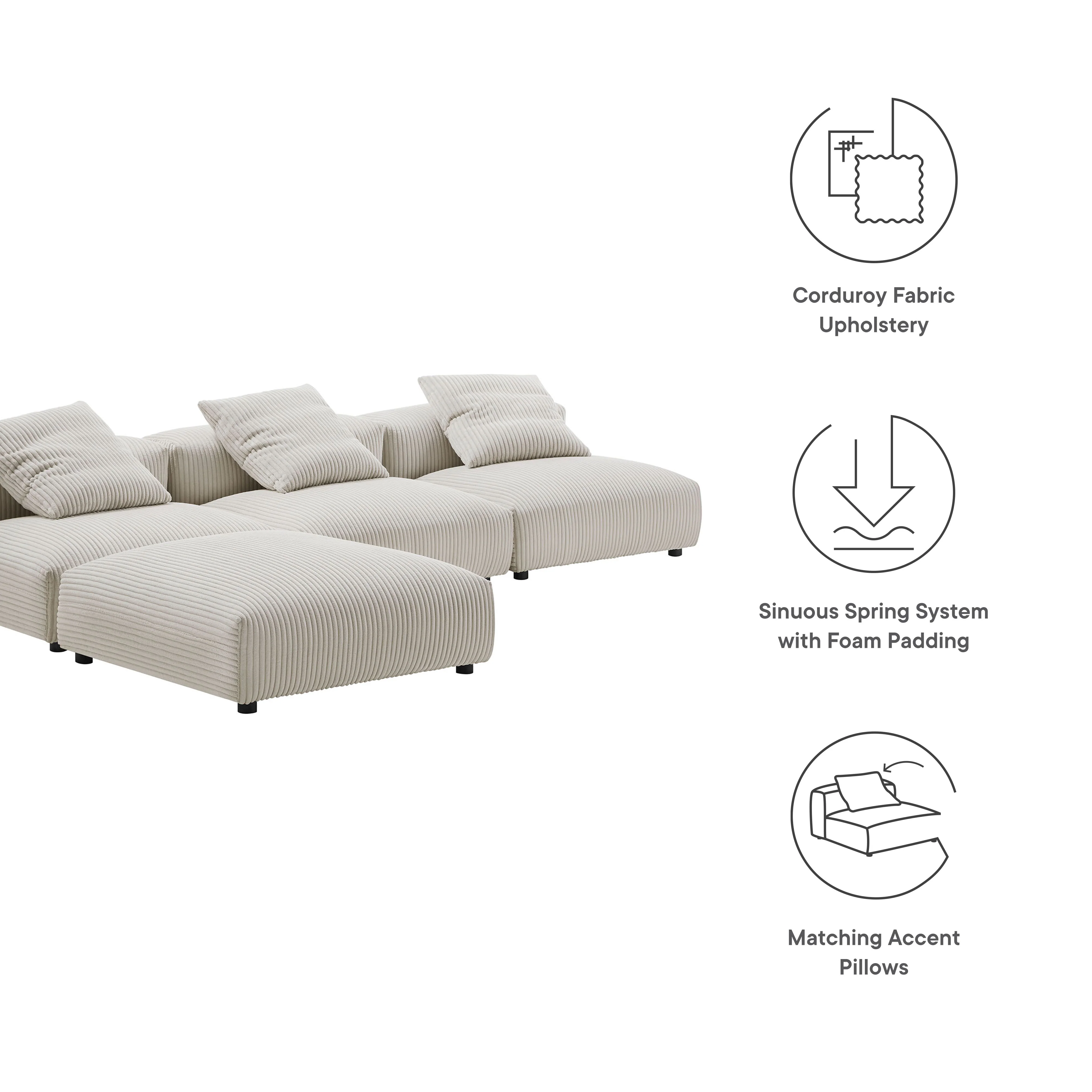 Solace 4-Piece Modular Corduroy Upholstered Sectional Sofa by Modway - Image 7