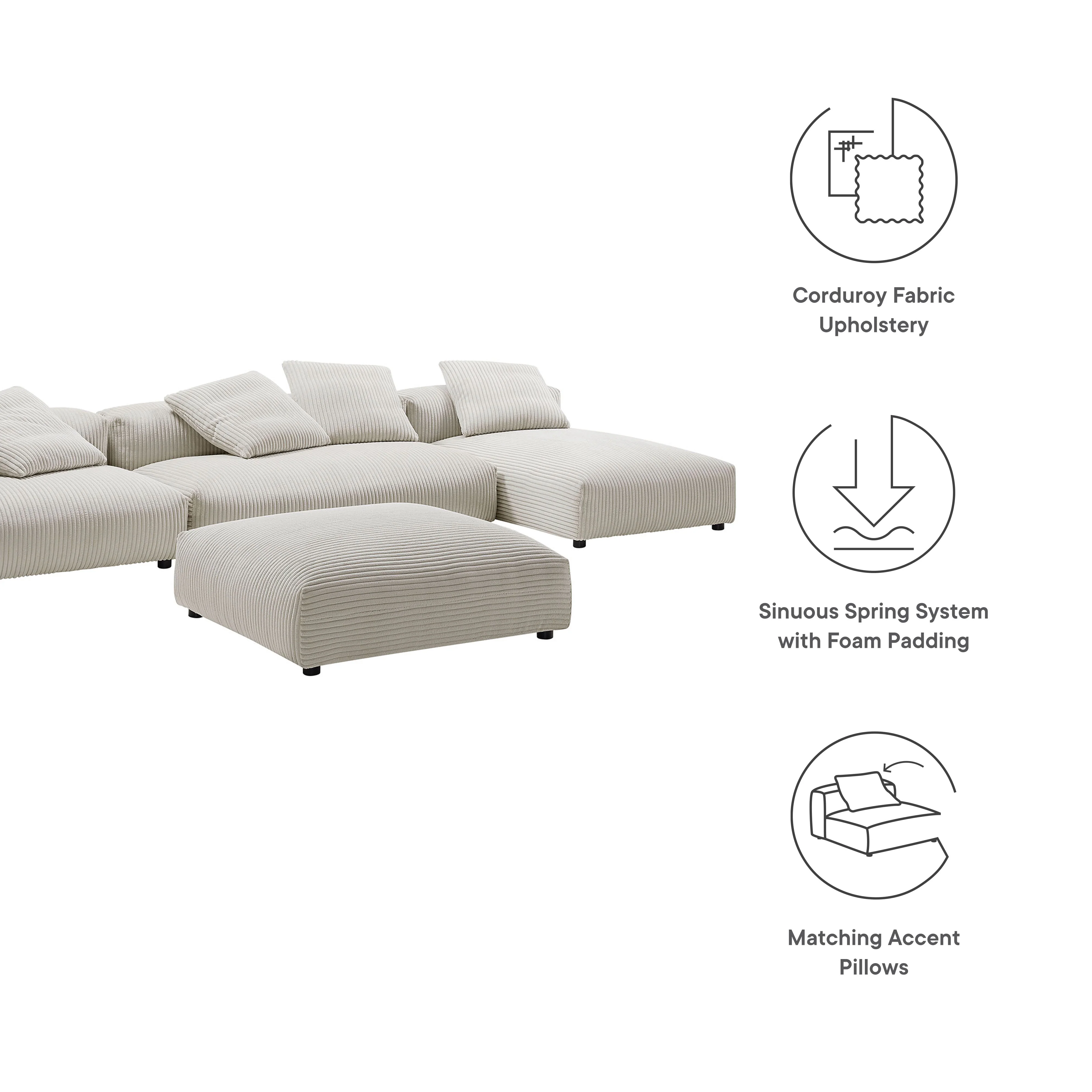 Solace 4-Piece Modular Corduroy Upholstered Sectional Sofa With Ottoman by Modway - Image 9