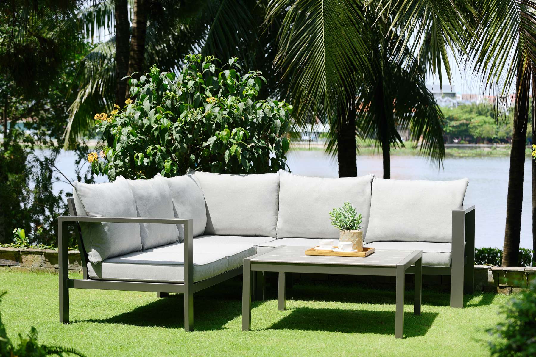 Solana Outdoor Square Coffee Table in Cosmos Grey Finish with Wood Top By Armen Living - Image 2