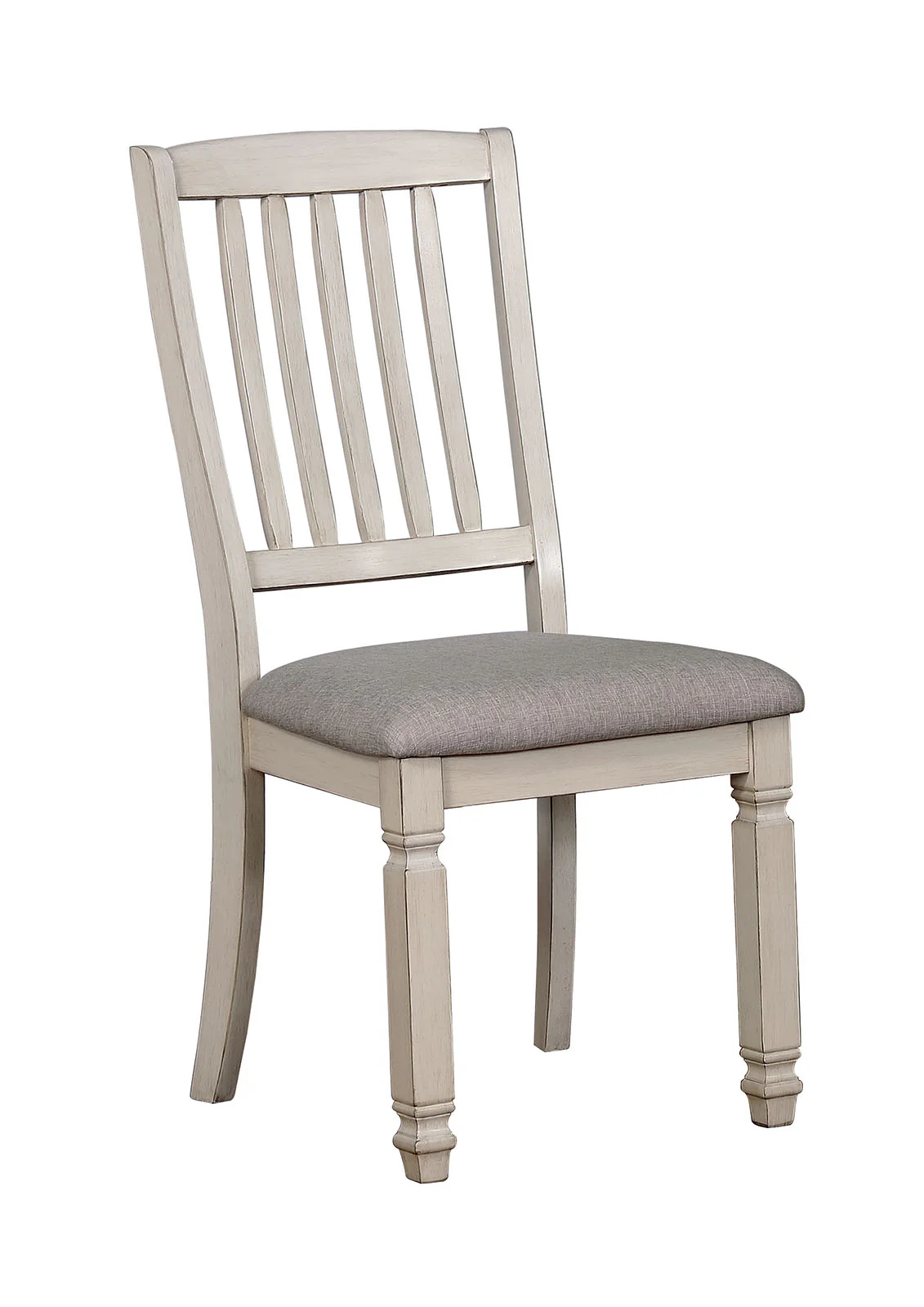 Solid Wood Side Chair With Fabric Padded Seat, Pack of Two, Antique White and Gray By Benzara - Image 2