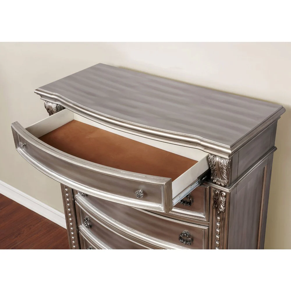 Solid Wood with Marble Top Nightstand with Three Drawers, Silver By Benzara - Image 2