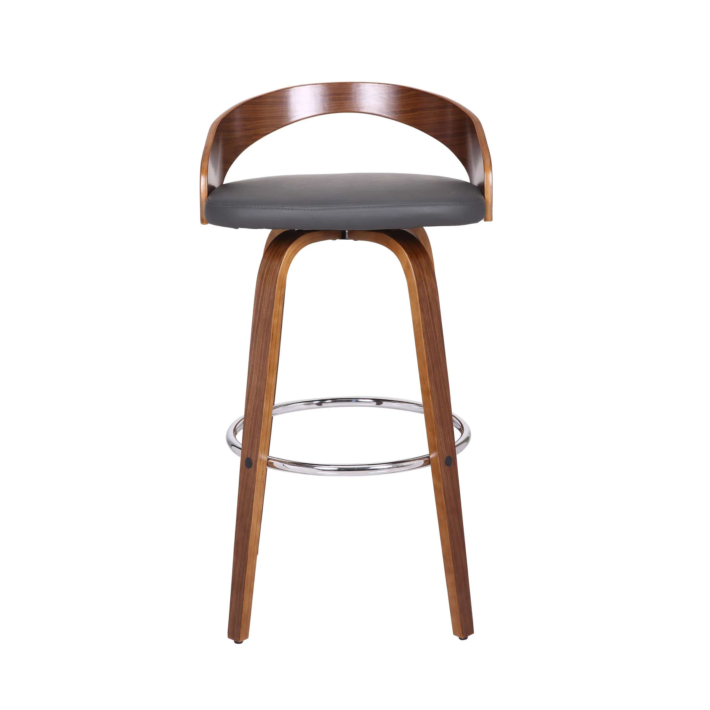 Sonia 30" Bar Height Swivel Grey Faux Leather and Walnut Wood Bar Stool By Armen Living - Image 2