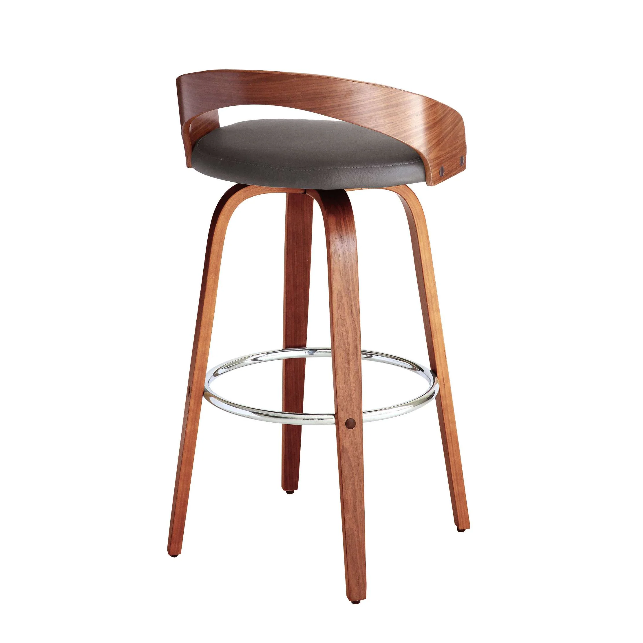 Sonia 30" Bar Height Swivel Grey Faux Leather and Walnut Wood Bar Stool By Armen Living - Image 3