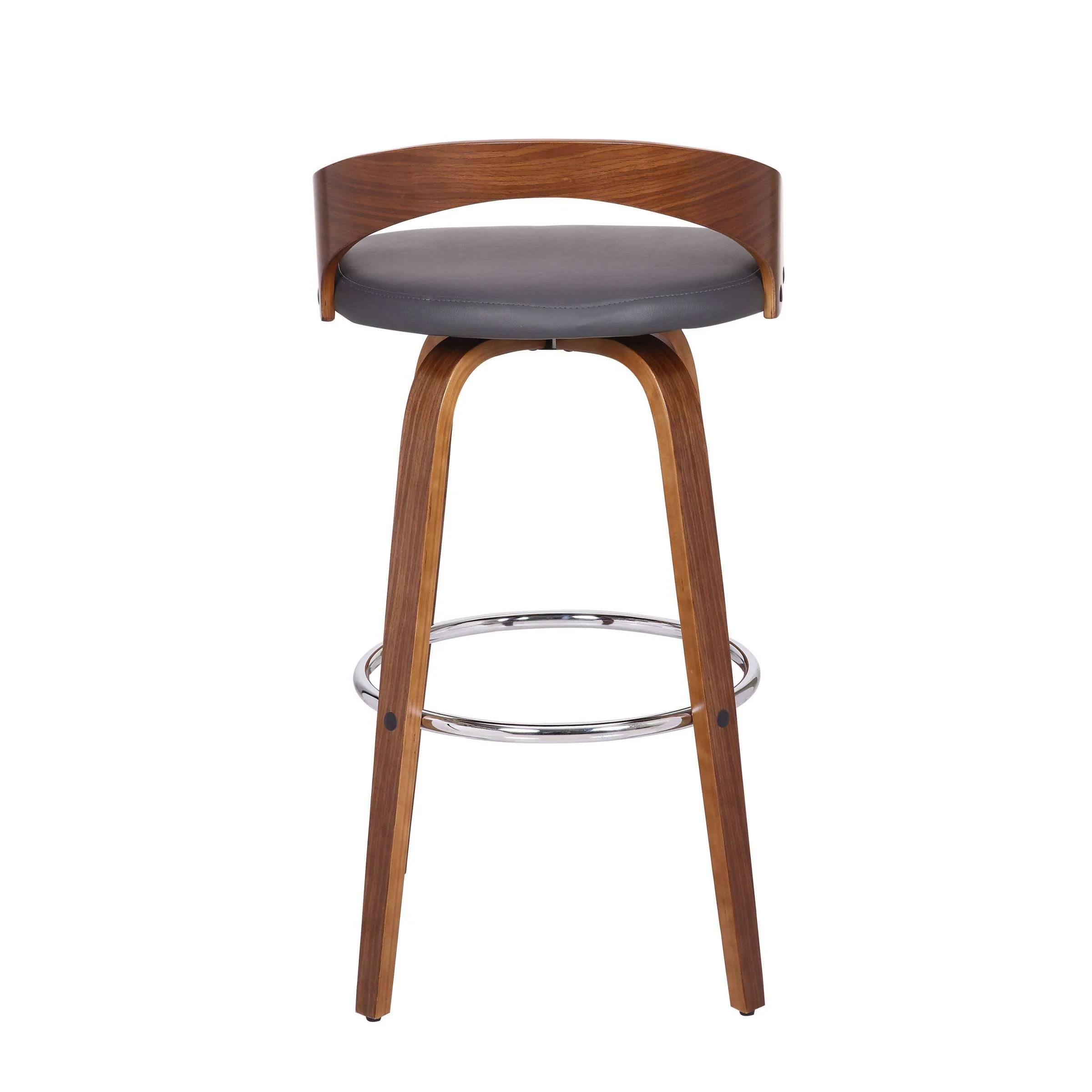 Sonia 30" Bar Height Swivel Grey Faux Leather and Walnut Wood Bar Stool By Armen Living - Image 4