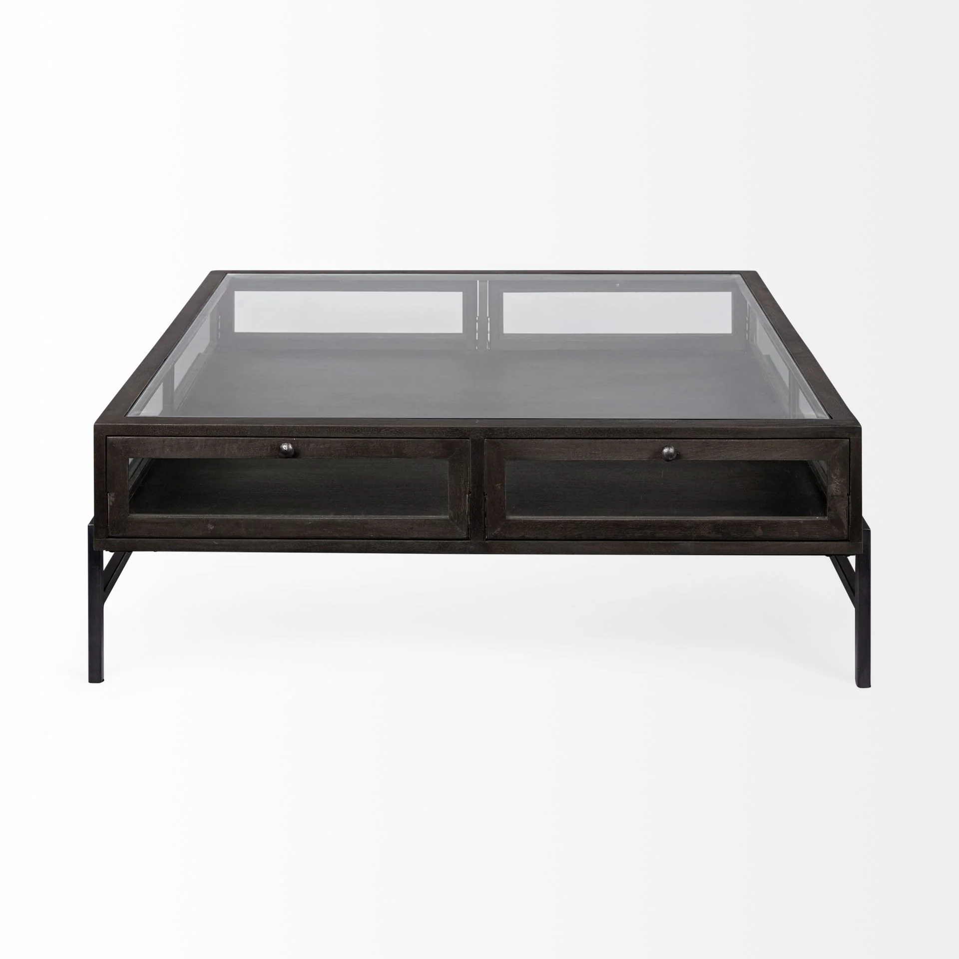 Square Glass Top Wood and Black Metal Base Display Coffee Table w 2 Drawers By Homeroots - Image 2