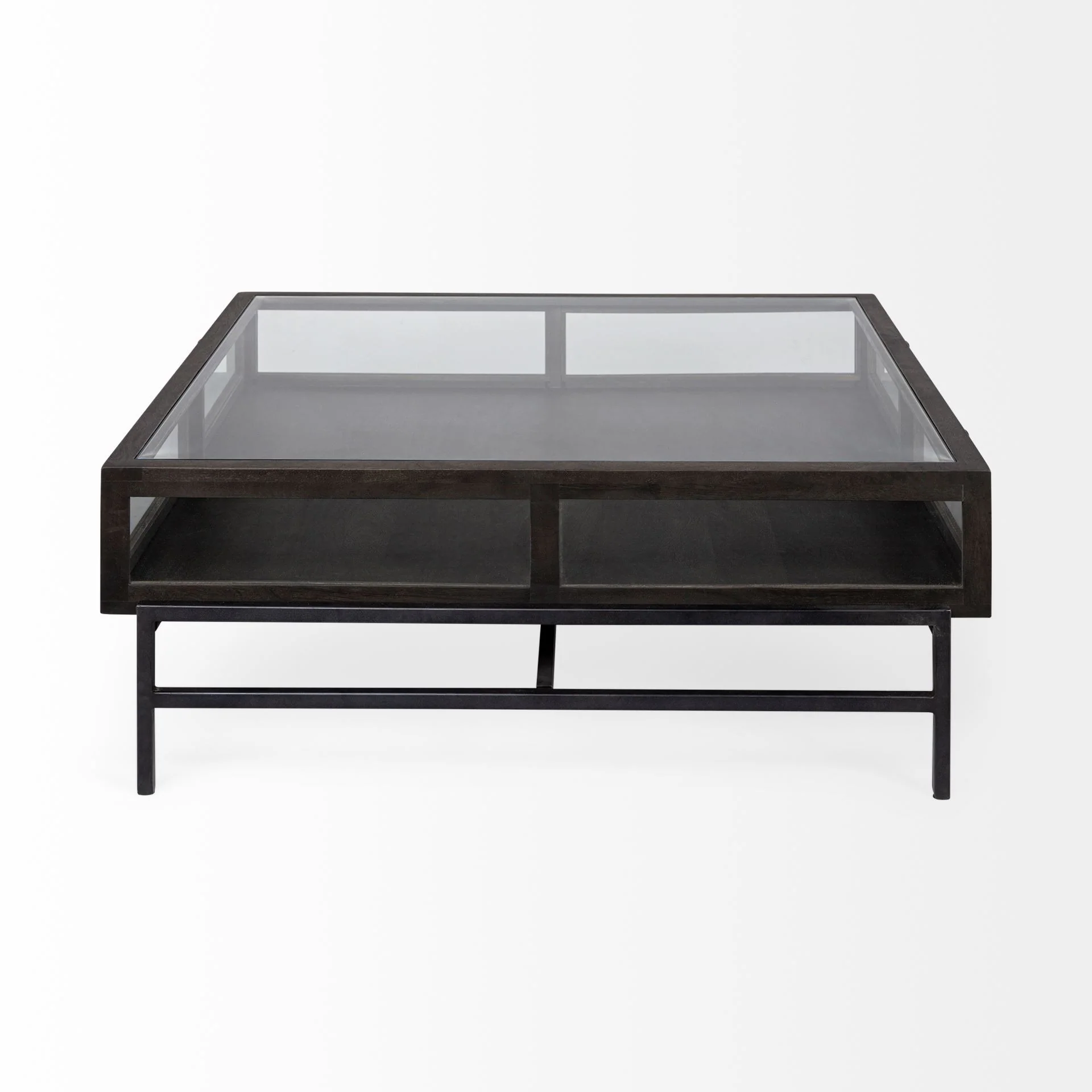 Square Glass Top Wood and Black Metal Base Display Coffee Table w 2 Drawers By Homeroots - Image 3
