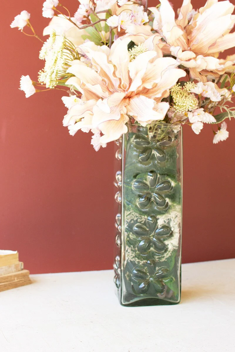 Square Glass Vase With Embossed Flowers (Min 2) By Kalalou - Image 2