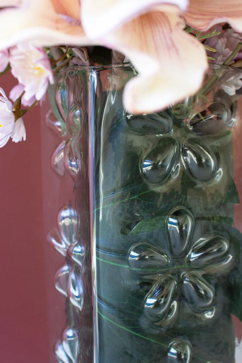 Square Glass Vase With Embossed Flowers (Min 2) By Kalalou - Image 3
