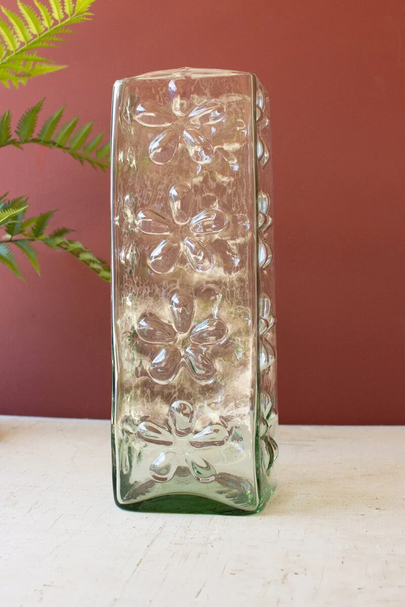 Square Glass Vase With Embossed Flowers (Min 2) By Kalalou - Image 4