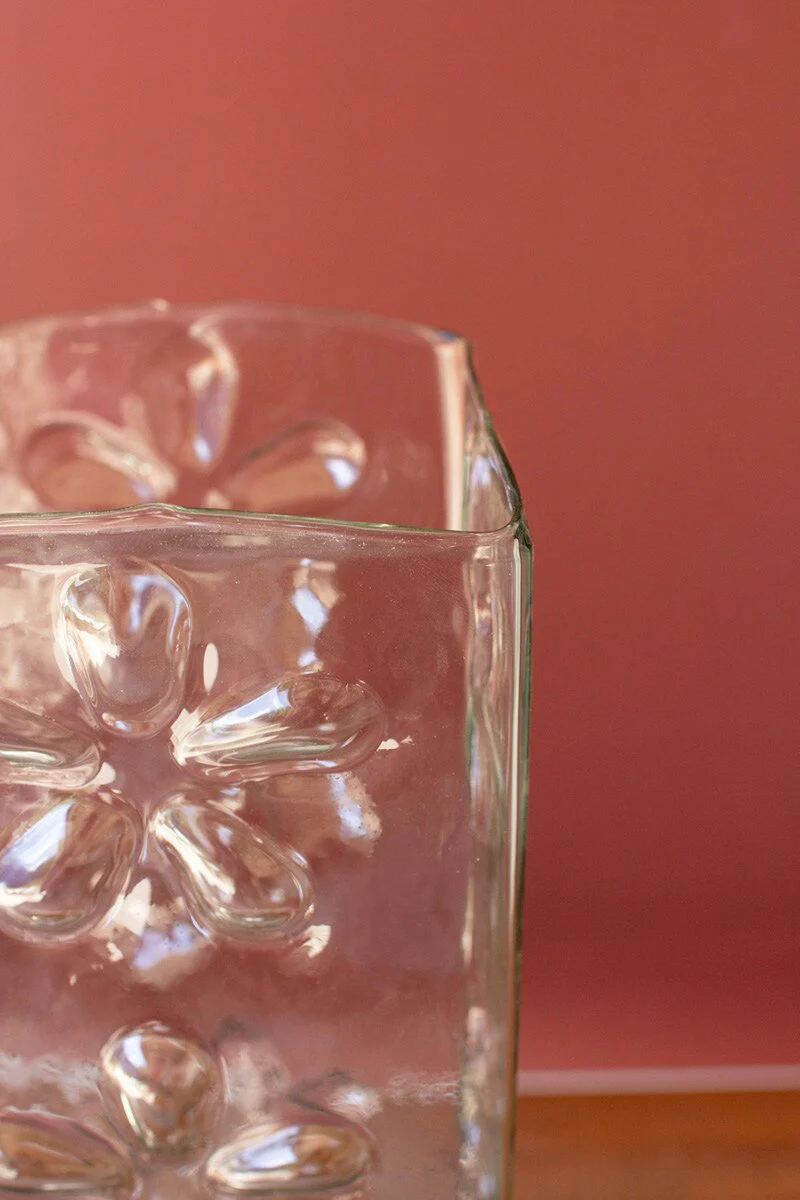 Square Glass Vase With Embossed Flowers (Min 2) By Kalalou - Image 5