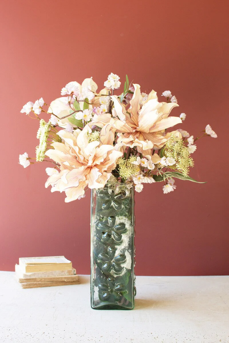 Square Glass Vase With Embossed Flowers (Min 2) By Kalalou - Image 6