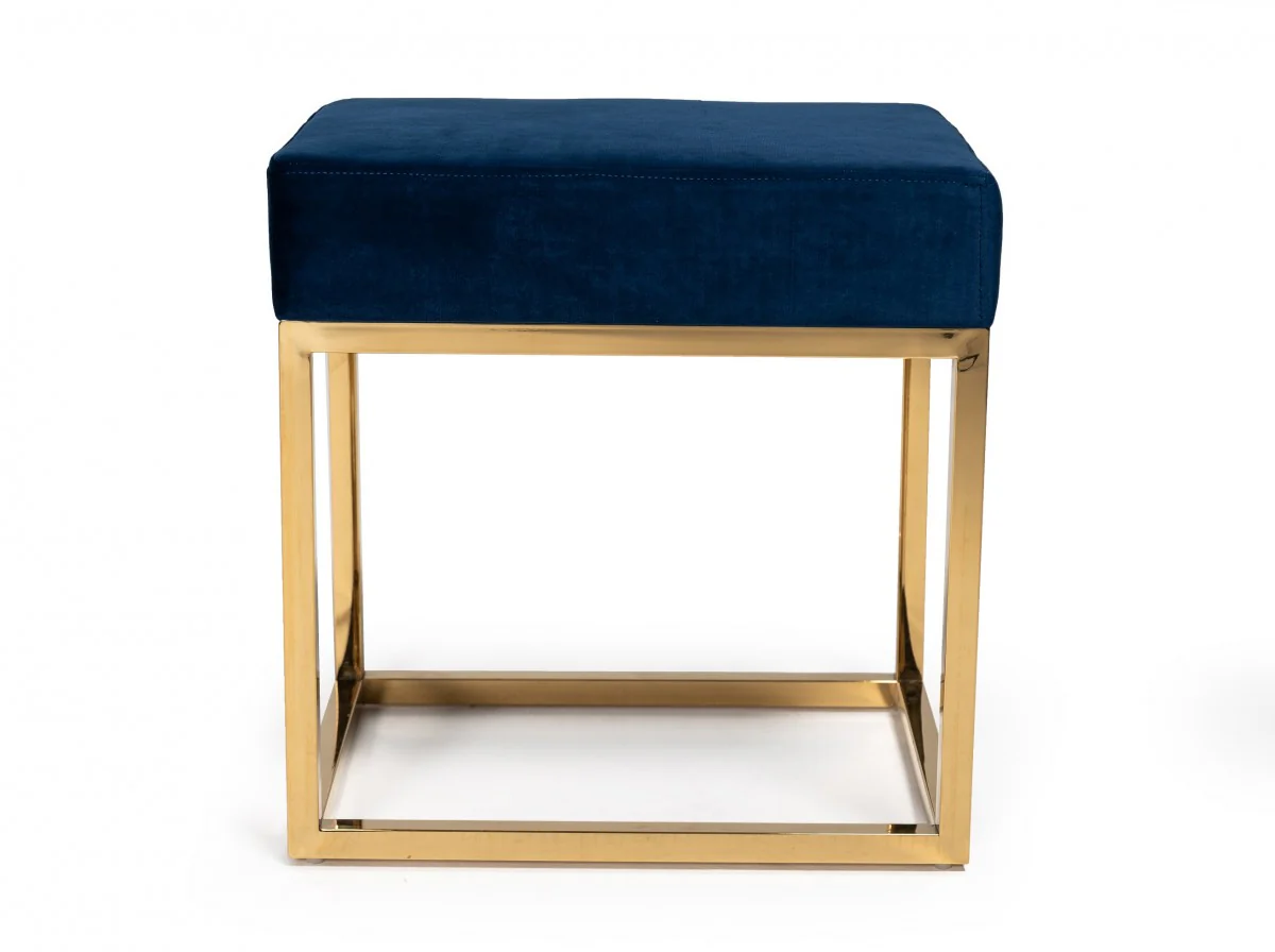 Square Modern Blue Velvet Ottoman with Gold Stainless Steel By Homeroots - Image 2