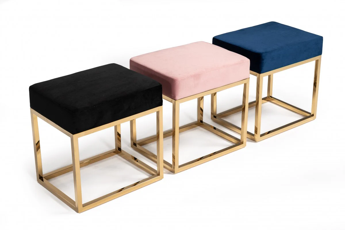 Square Modern Pink Velvet Ottoman with Gold Stainless Steel By Homeroots - Image 3