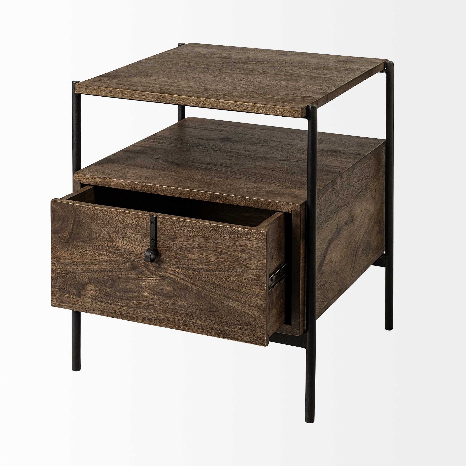 Square Top End Table with Dark Brown Wood and Iron Black Frame By Homeroots - Image 4