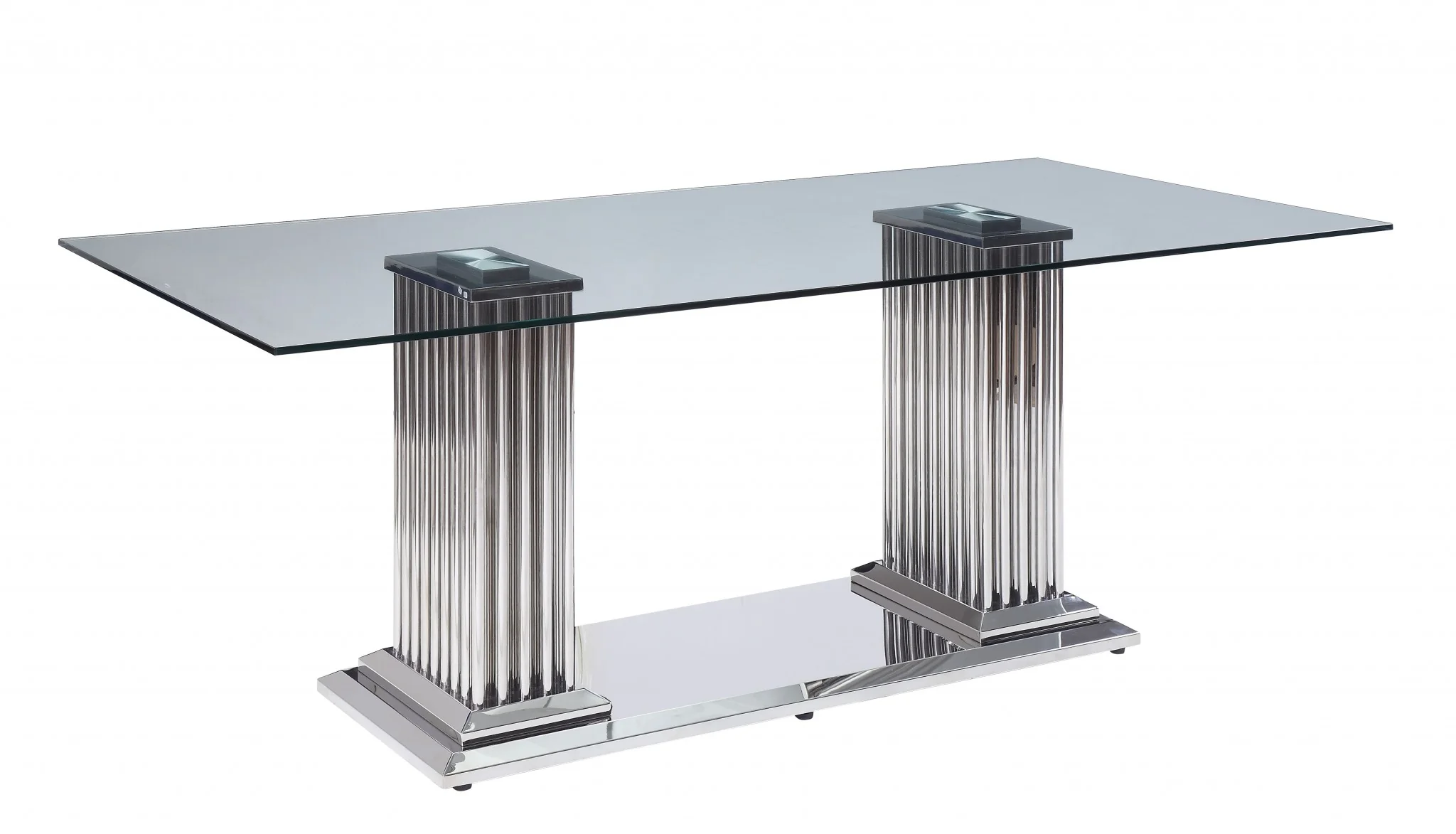 Stainless Steel Clear Glass Mirror Dining Table Wdouble Pedestal By Homeroots - Image 2