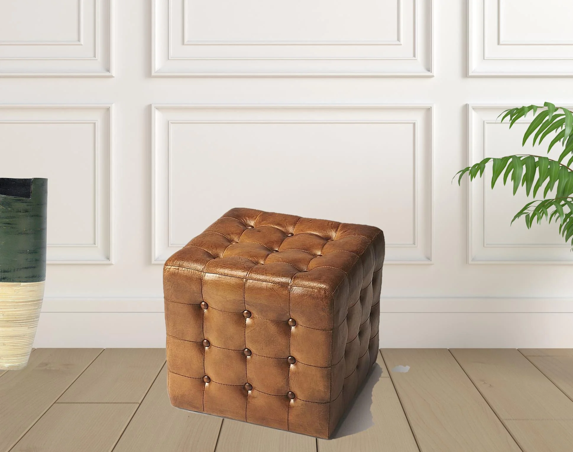 Stately Brown Leather Tufted Ottoman By Homeroots - Image 2
