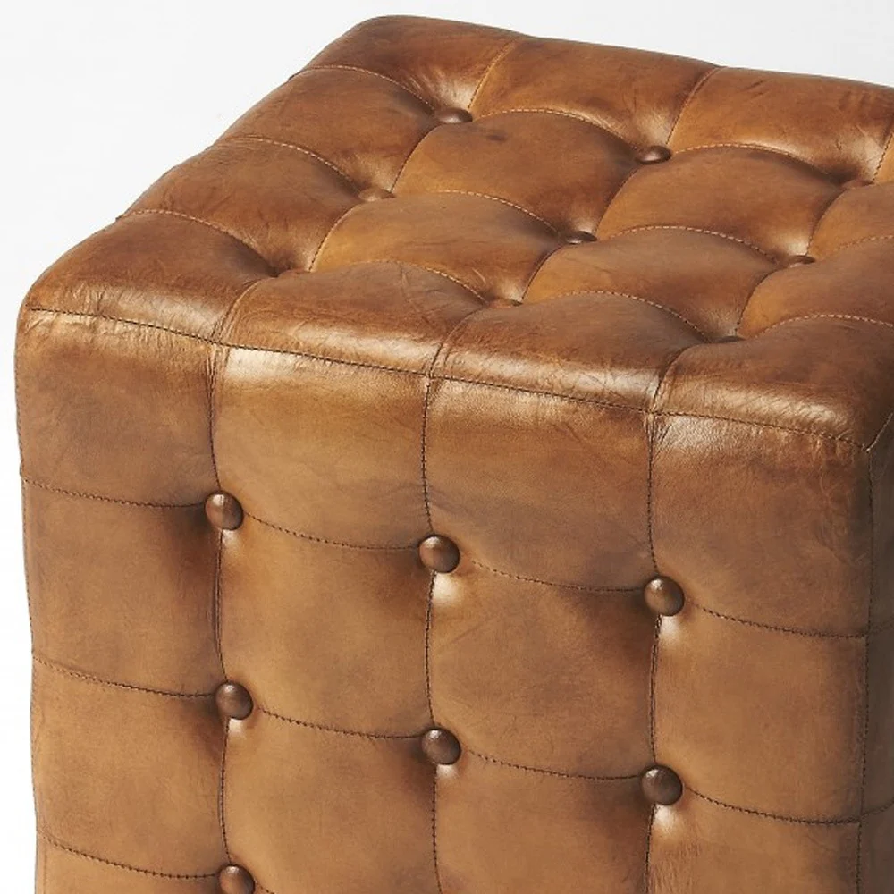 Stately Brown Leather Tufted Ottoman By Homeroots - Image 3
