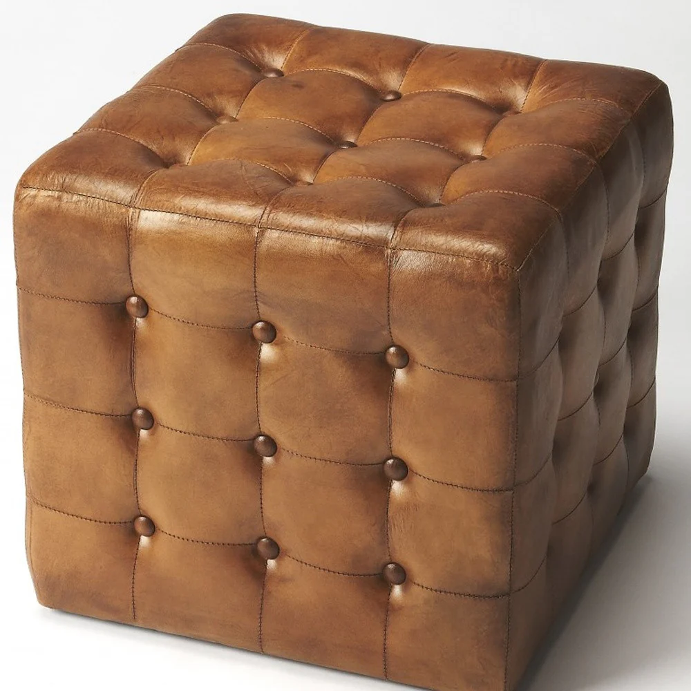 Stately Brown Leather Tufted Ottoman By Homeroots - Image 4