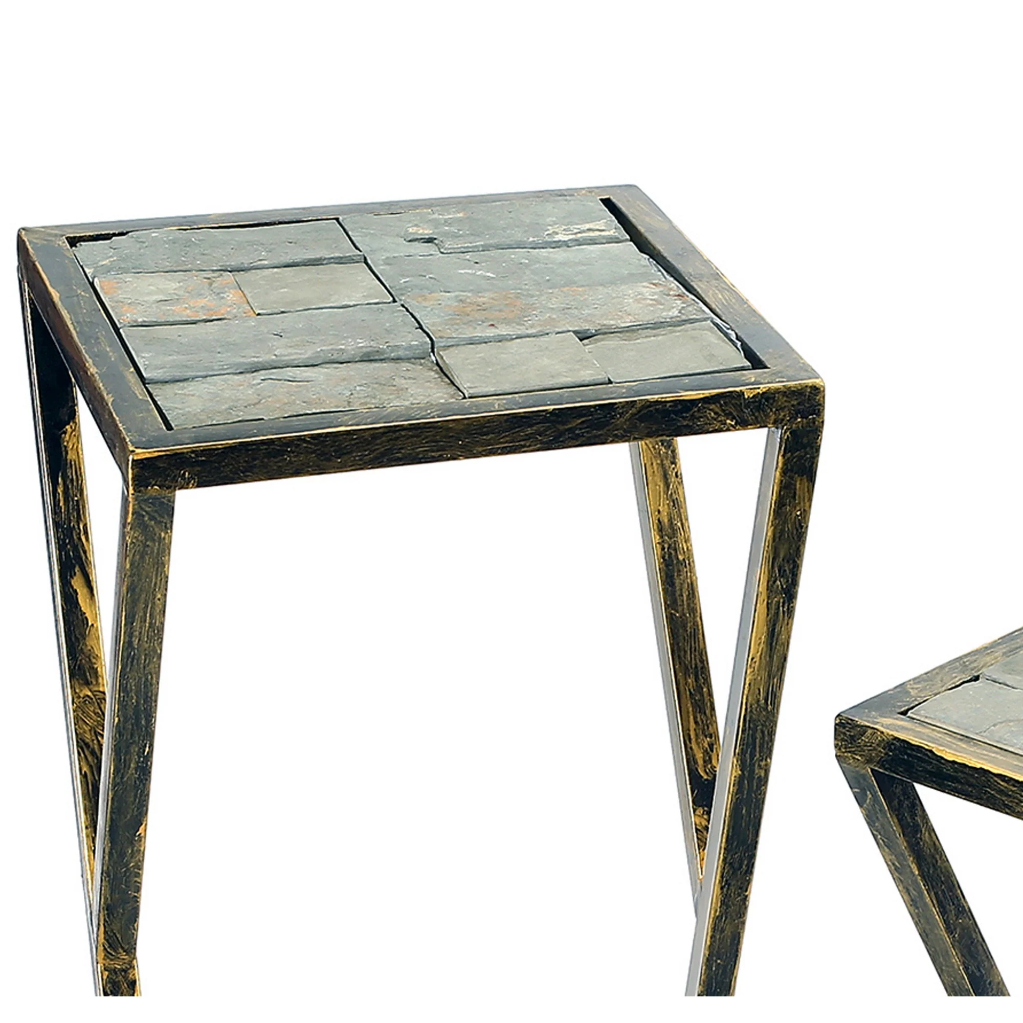 Stone Top Plant Stand With Geometric Base Set Of 2 Black And Gray By Benzara - Image 2