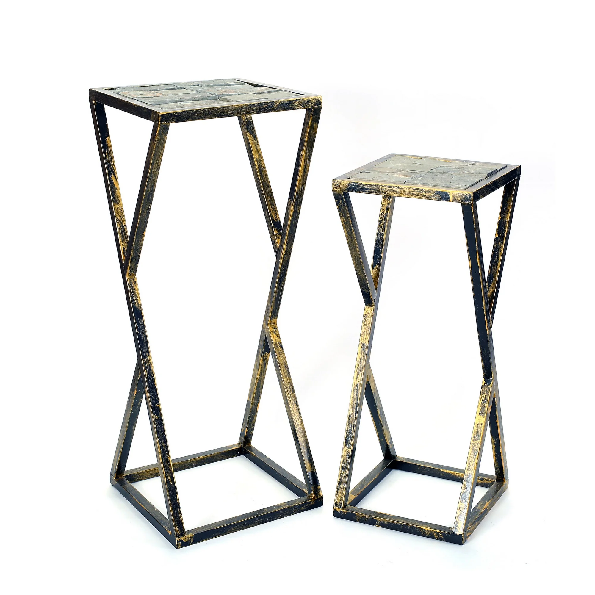 Stone Top Plant Stand With Geometric Base Set Of 2 Black And Gray By Benzara - Image 4