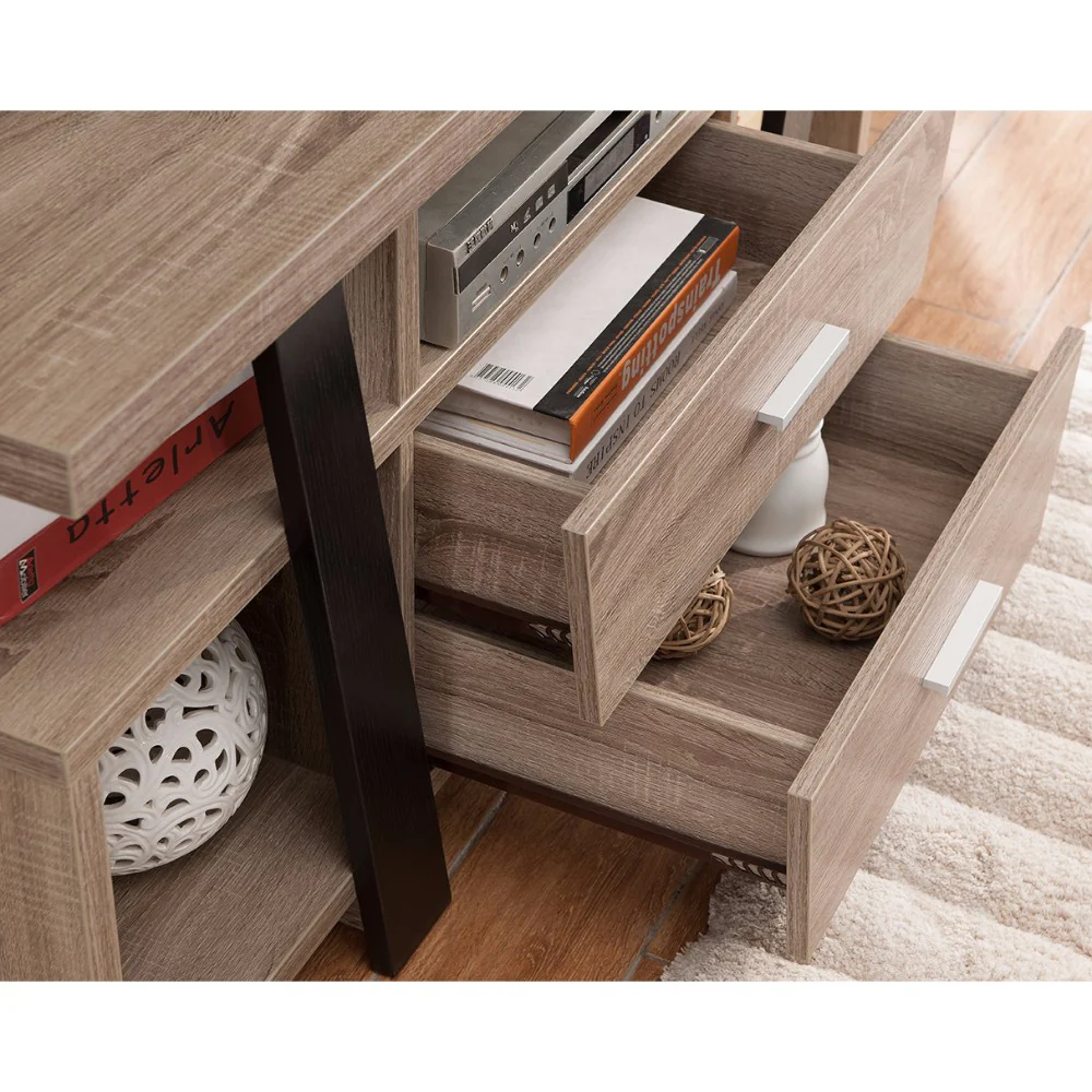 Striking Tv Stand With Storage Option, Black And Light Brown By Benzara - Image 2