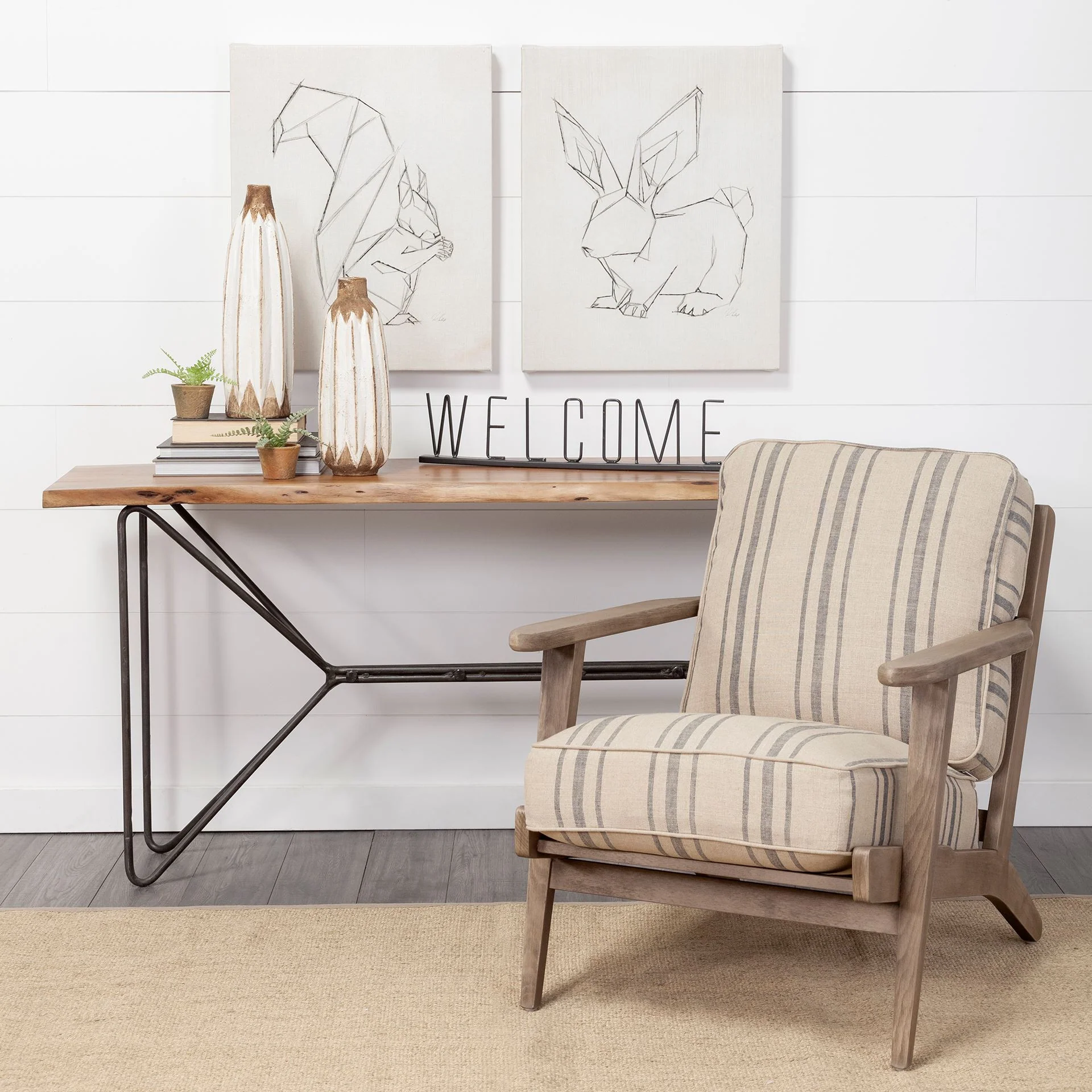 Striped Light Brown Fabric Wrapped Accent Chair with Wooden Frame By Homeroots - Image 7