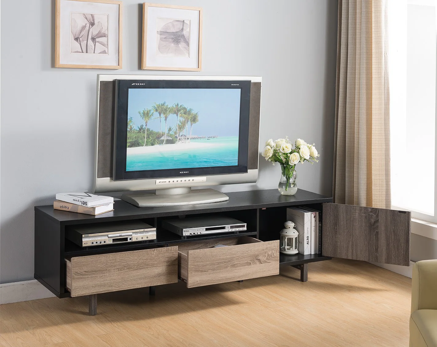 Stylish Black TV Console Cabinet with Dark Taupe and Distressed Grey Accents By Homeroots - Image 2