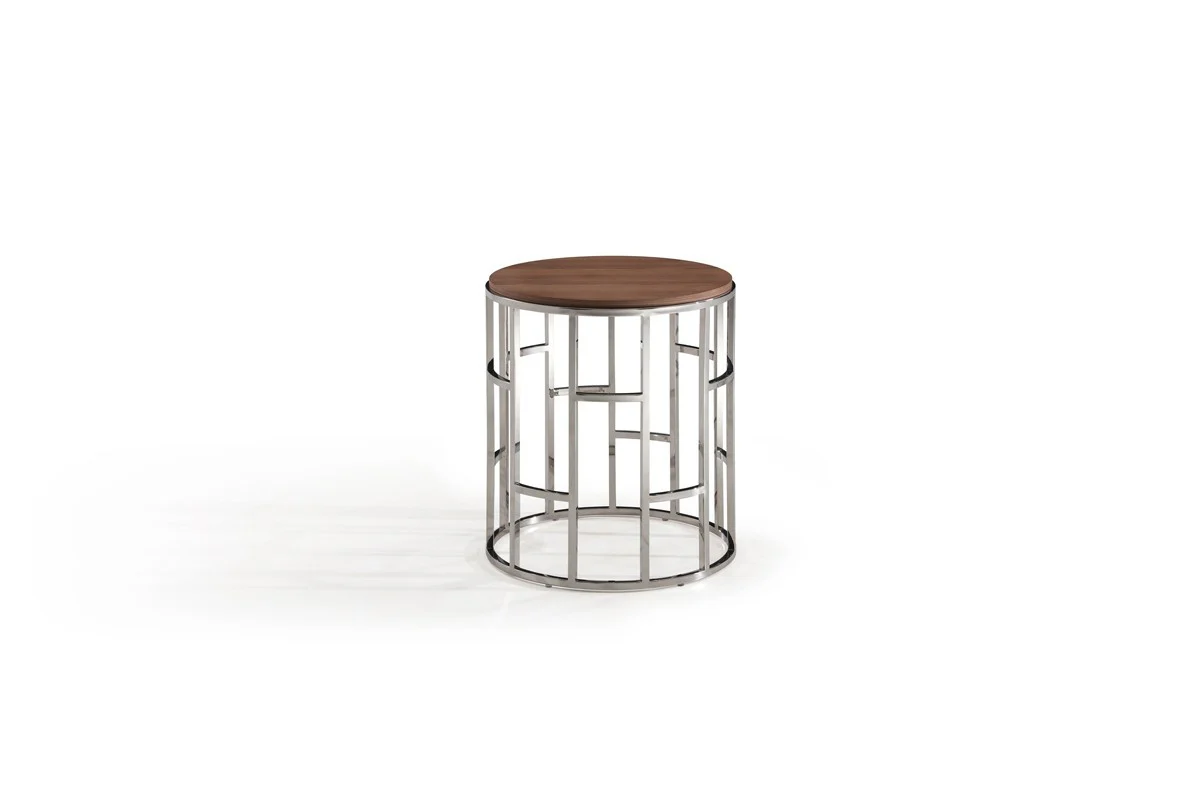 Stylish Silver And Walnut Round Geometric End or Side Table By Homeroots - Image 2