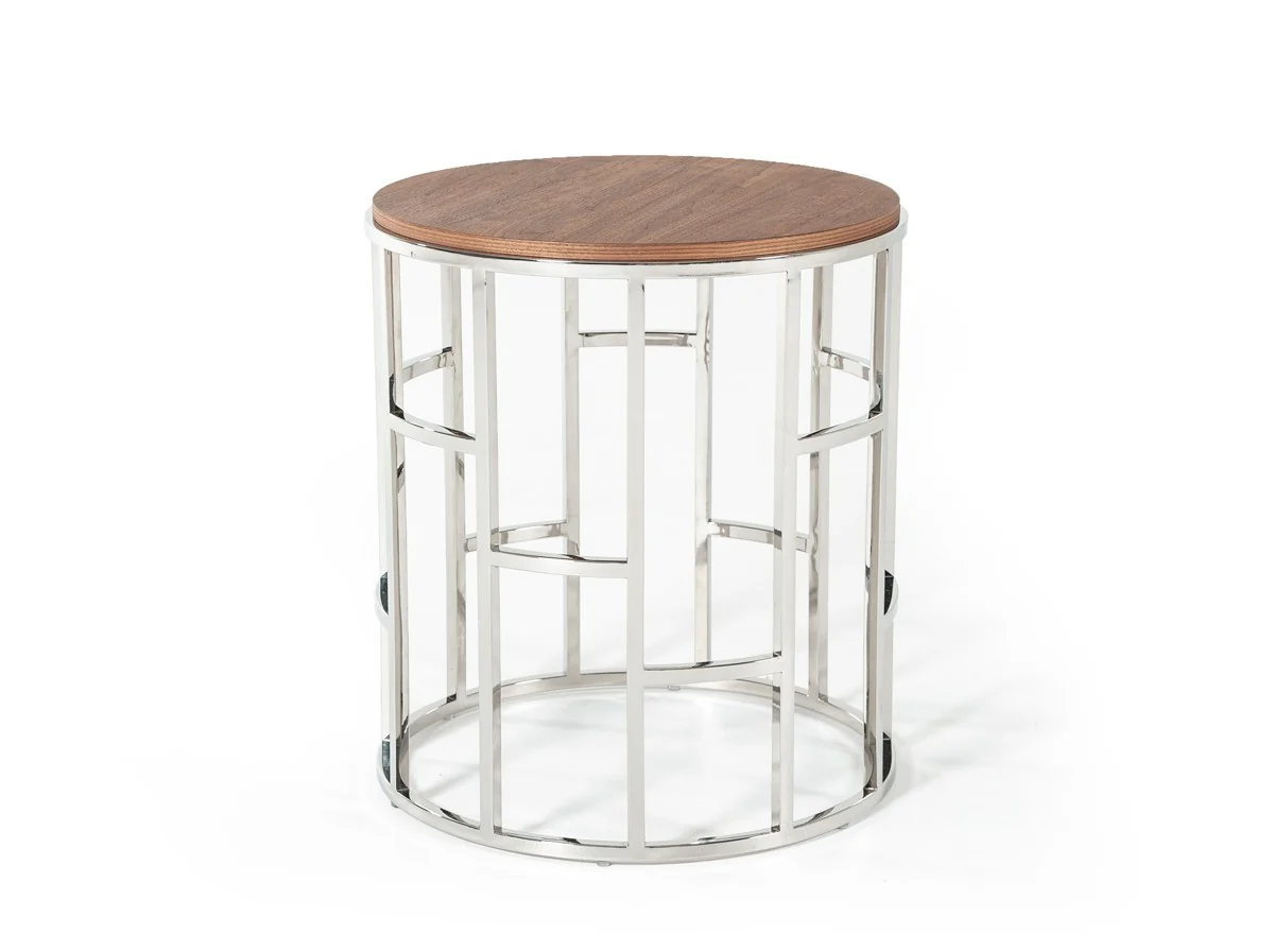 Stylish Silver And Walnut Round Geometric End or Side Table By Homeroots - Image 4
