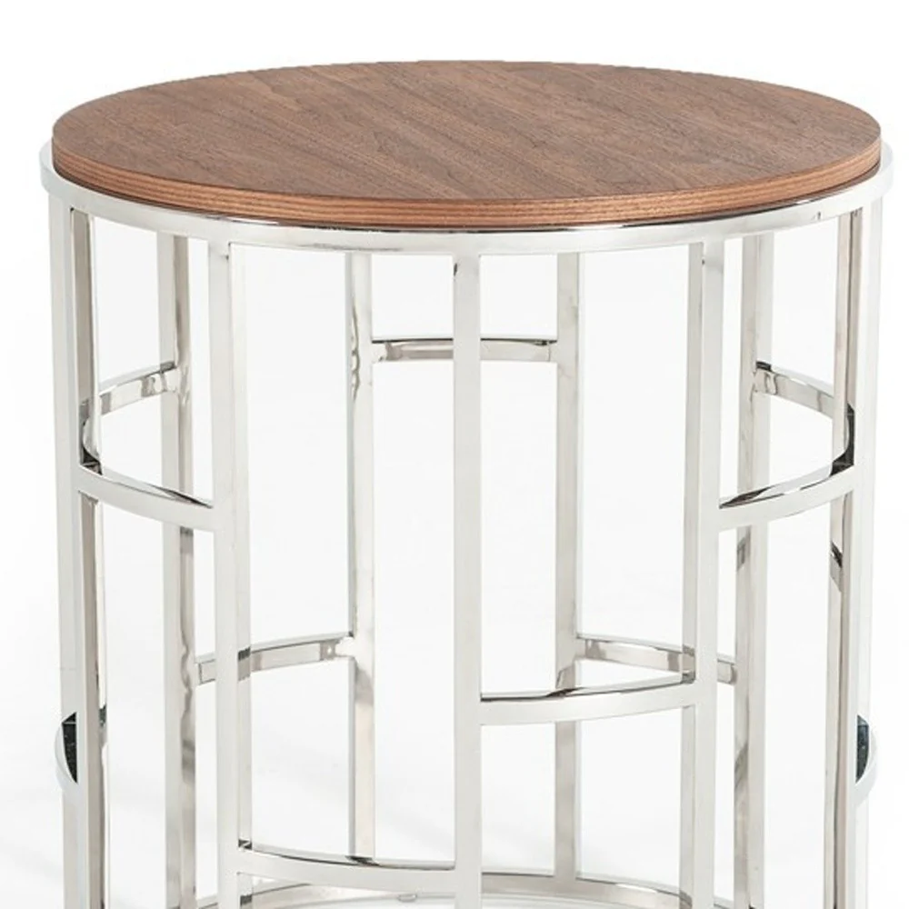 Stylish Silver And Walnut Round Geometric End or Side Table By Homeroots - Image 5