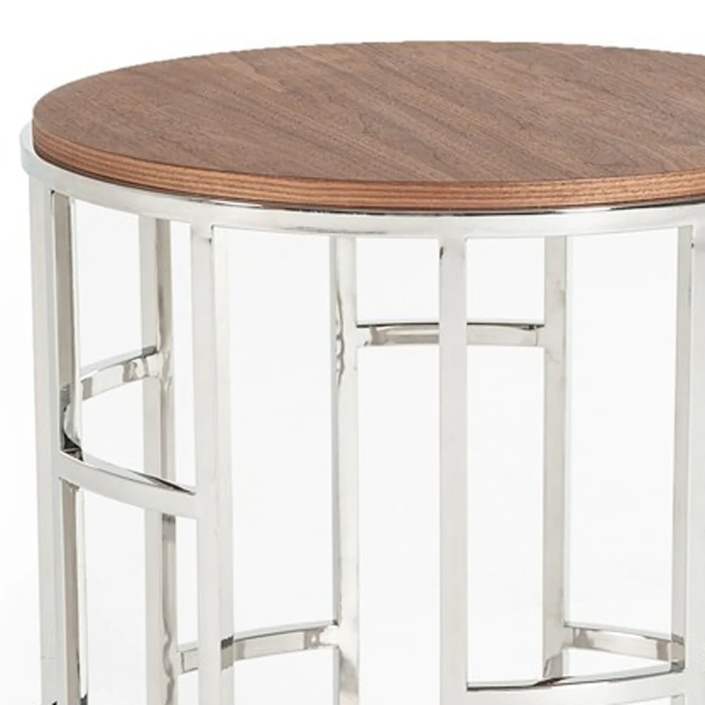Stylish Silver And Walnut Round Geometric End or Side Table By Homeroots - Image 6