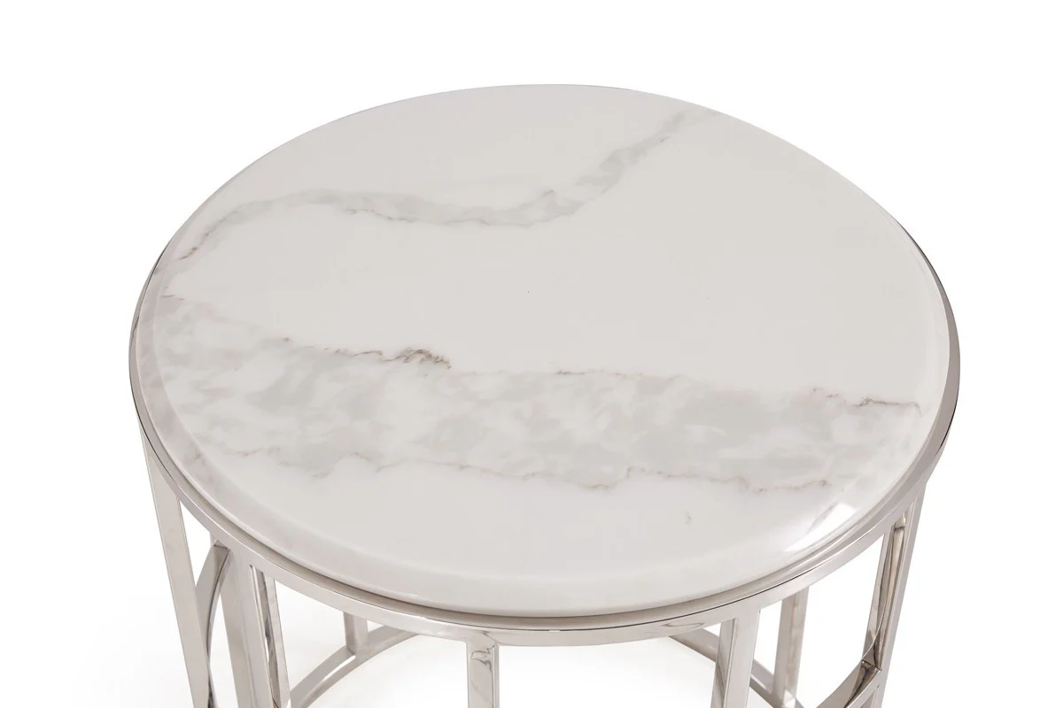 Stylish Silver And White Marble Round Geometric End or Side Table By Homeroots - Image 2