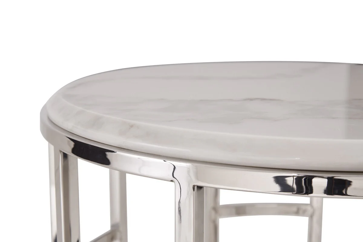 Stylish Silver And White Marble Round Geometric End or Side Table By Homeroots - Image 3