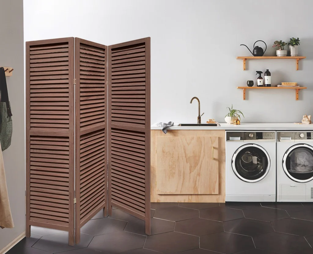Stylish Three Panel Washed Brown Shutter Divider Screen By Homeroots - Image 3