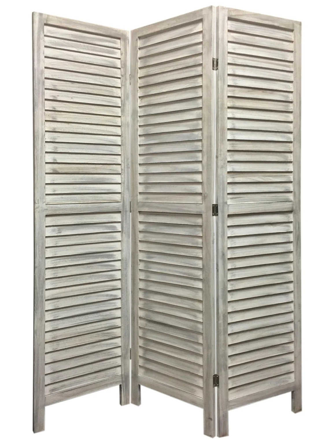 Stylish Three Panel Washed White Shutter Divider Screen By Homeroots - Image 2