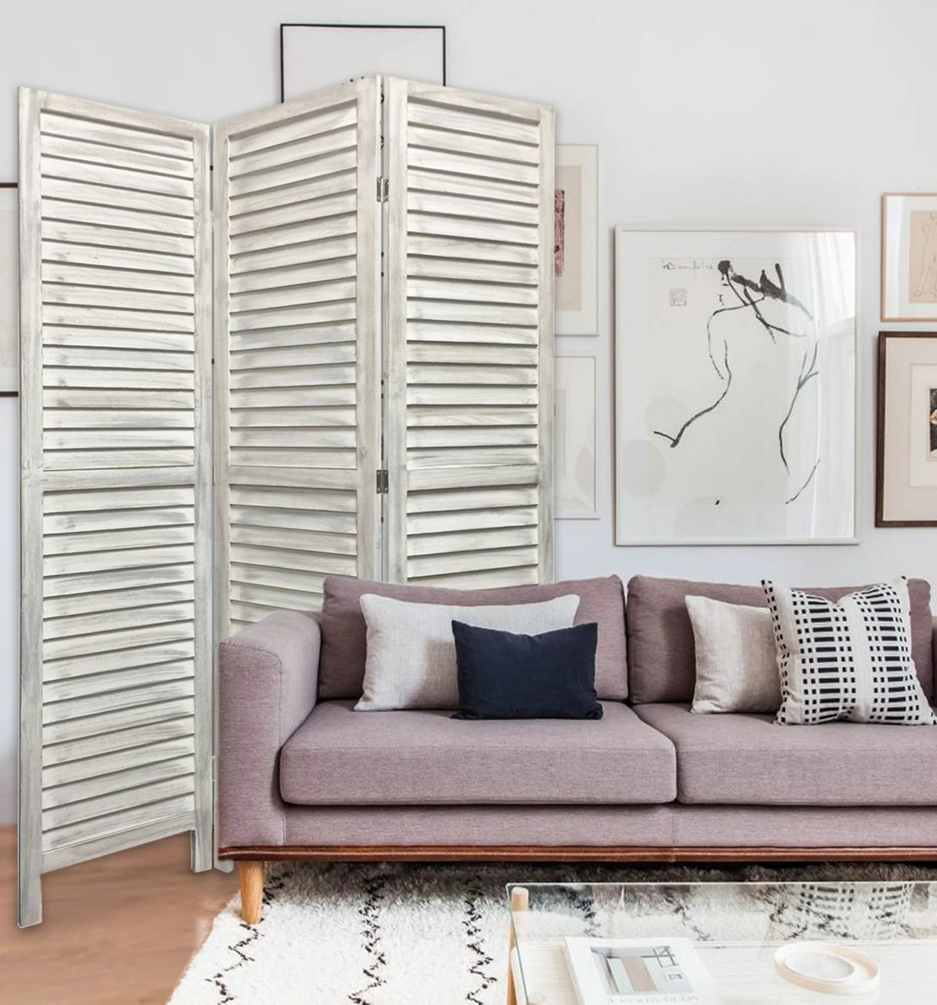 Stylish Three Panel Washed White Shutter Divider Screen By Homeroots - Image 3
