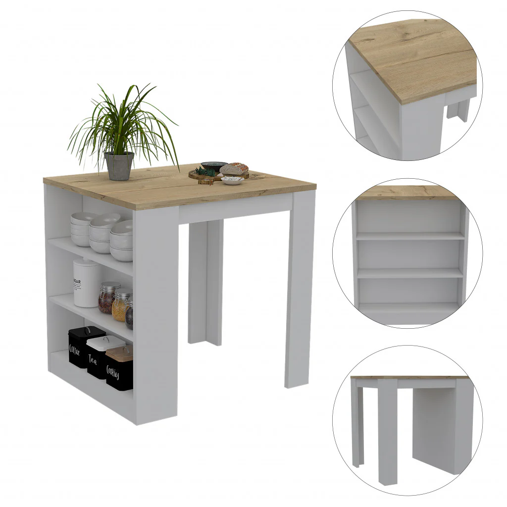 Stylish White and Pine Kitchen Counter and Dining Table Combination By Homeroots - Image 3