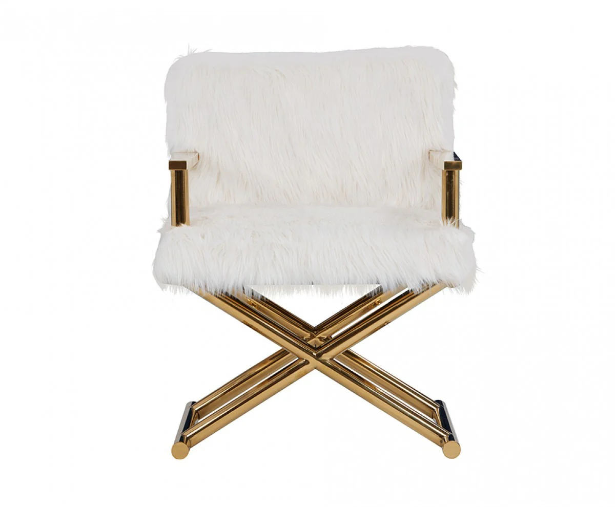 Stylish White Faux Fur And Gold Steel Chair By Homeroots - Image 2