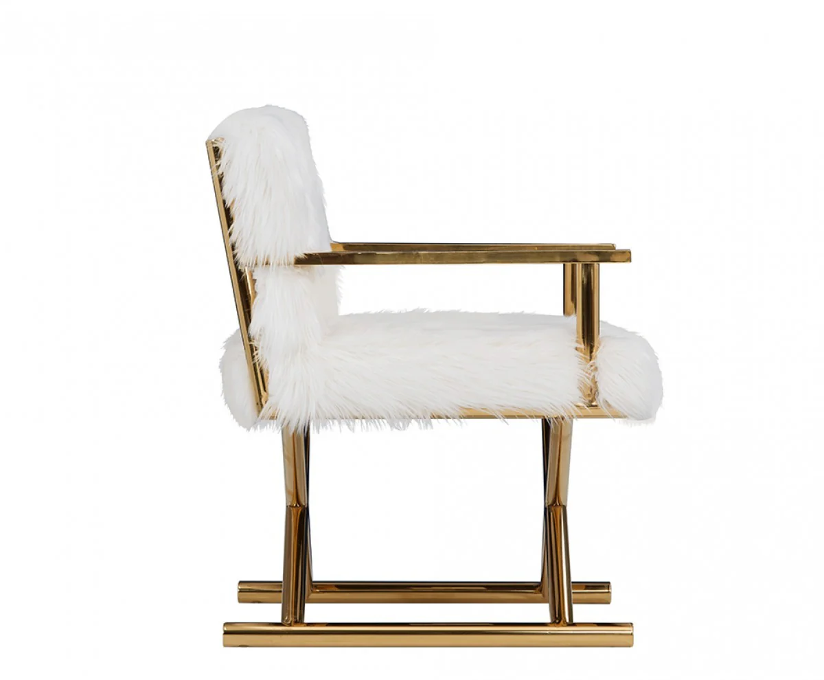 Stylish White Faux Fur And Gold Steel Chair By Homeroots - Image 3