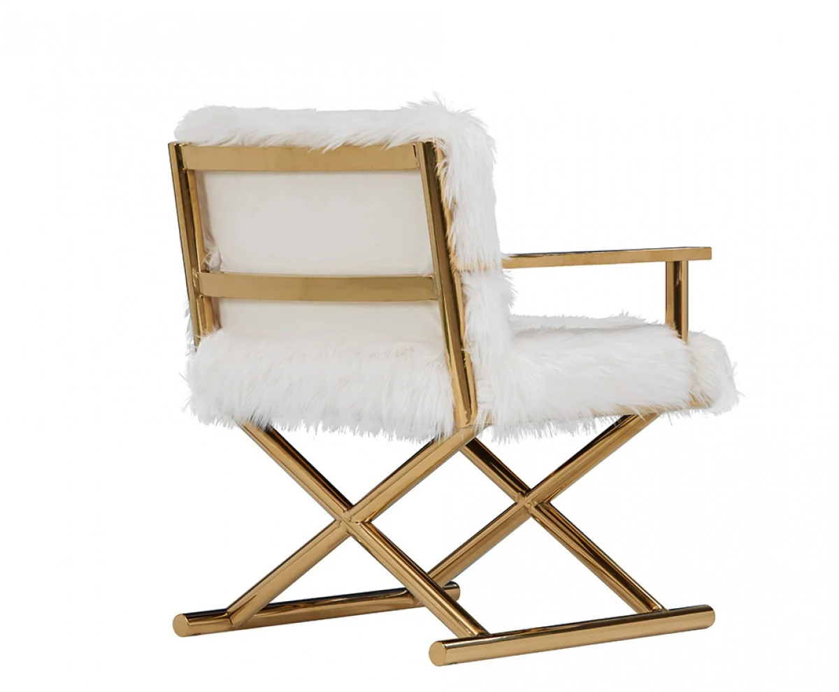 Stylish White Faux Fur And Gold Steel Chair By Homeroots - Image 4