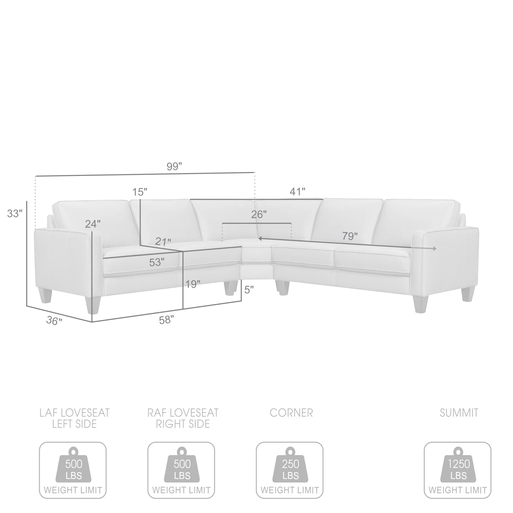 Summit 3 Piece Pewter Leather Sectional Sofa By Armen Living - Image 17