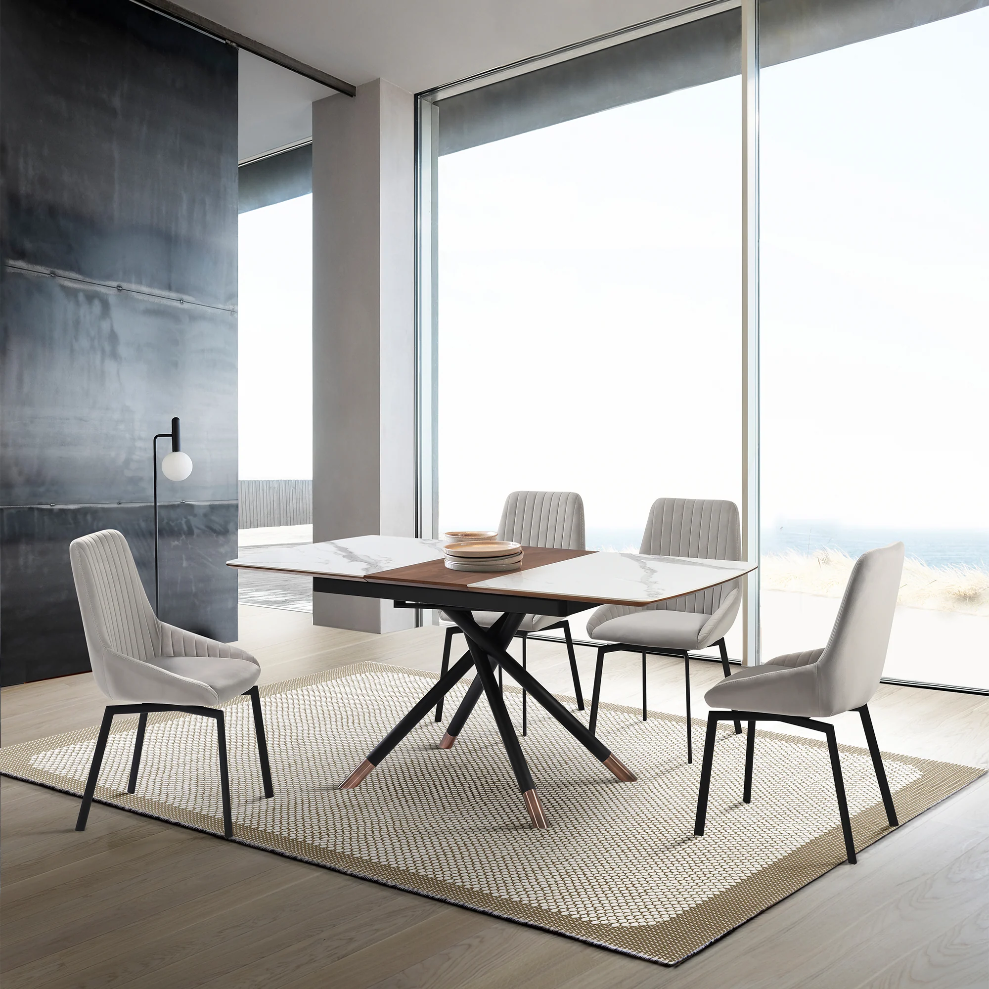 Susie Swivel Upholstered Dining Chair in Gray Fabric with Black Metal Legs - Set of 2 By Armen Living - Image 2