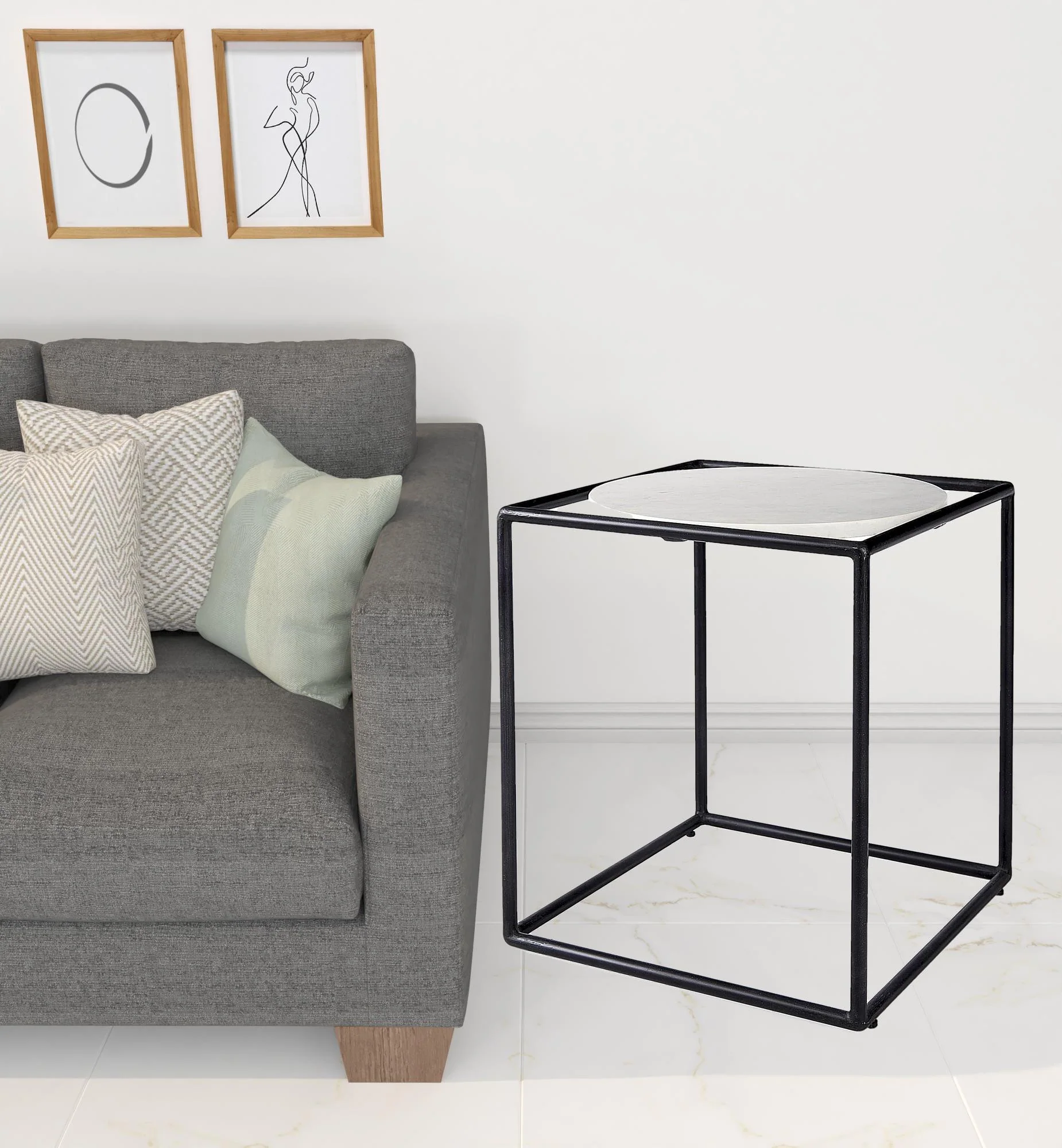 Suspended White Marble Black Metal Geo Side Table By Homeroots - Image 6