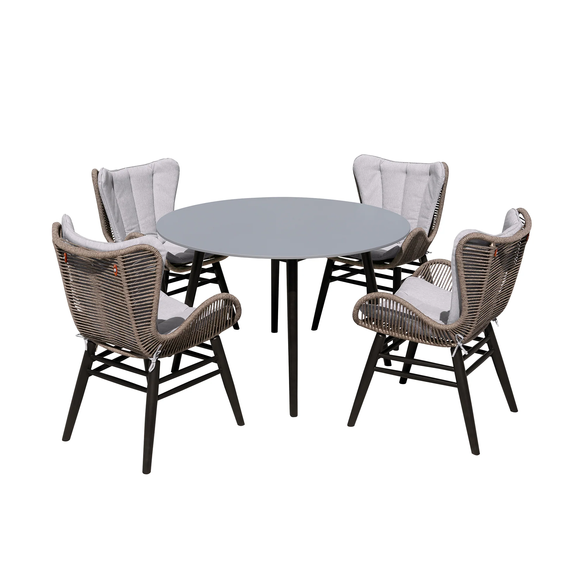 Sydney and Fanny 5 Piece Outdoor Patio Dining Set in Dark Eucalyptus Wood with Truffle Rope and Grey Cushions By Armen Living - Image 2