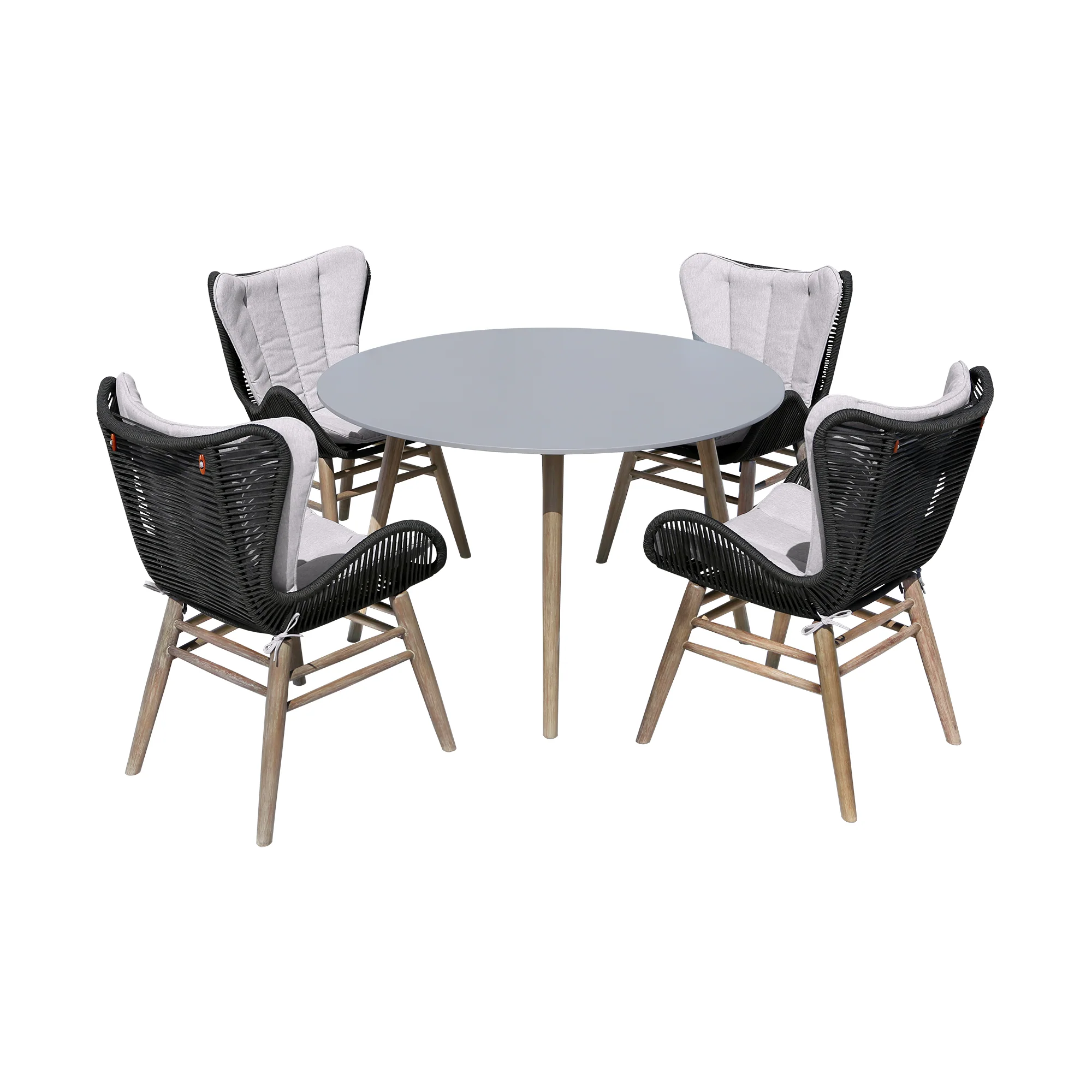 Sydney and Fanny 5 Piece Outdoor Patio Dining Set in Light Eucalyptus Wood with Charcoal Rope and Grey Cushions By Armen Living - Image 2